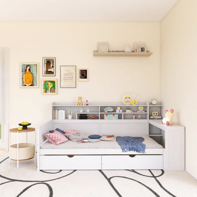 Lit de jour en bois avec tablettes de rangement, lit multifonctionnel avec deux tiroirs de rangement et bureau d'étude