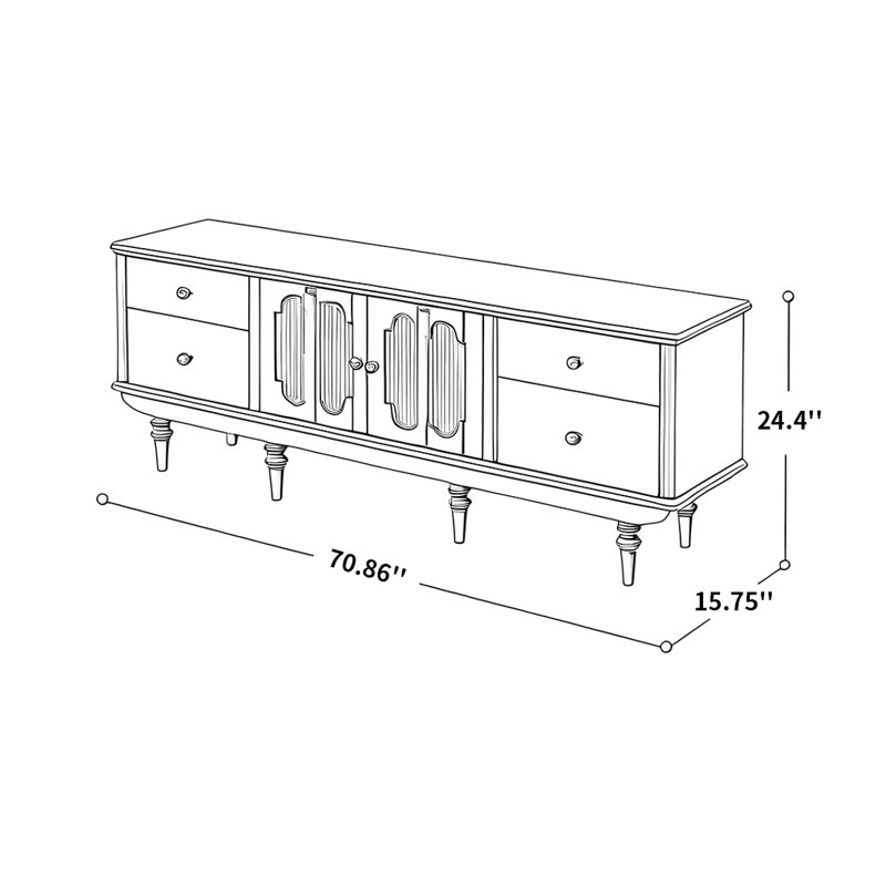 Meuble télé en bois massif de style français, H 24,4 po x L 70,86 po x l 15,75 po, Brun