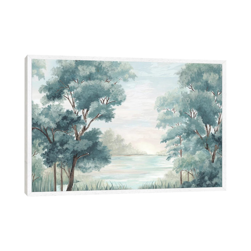 Calm Forest River by Eva Watts - Painting on Canvas, 101.6cm H x 152.4cm W x 3.81cm D, White Framed