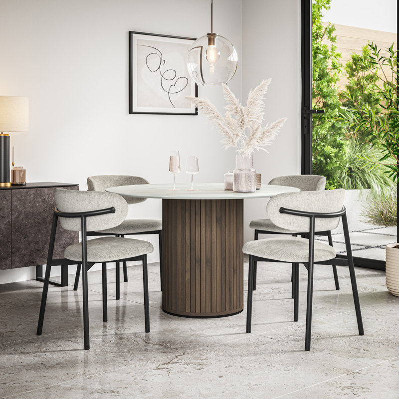 Arlo Marble Table Top W Oak Legs Myla Linen Dining Chair Grey, White/Walnut, Grey, Set of 6