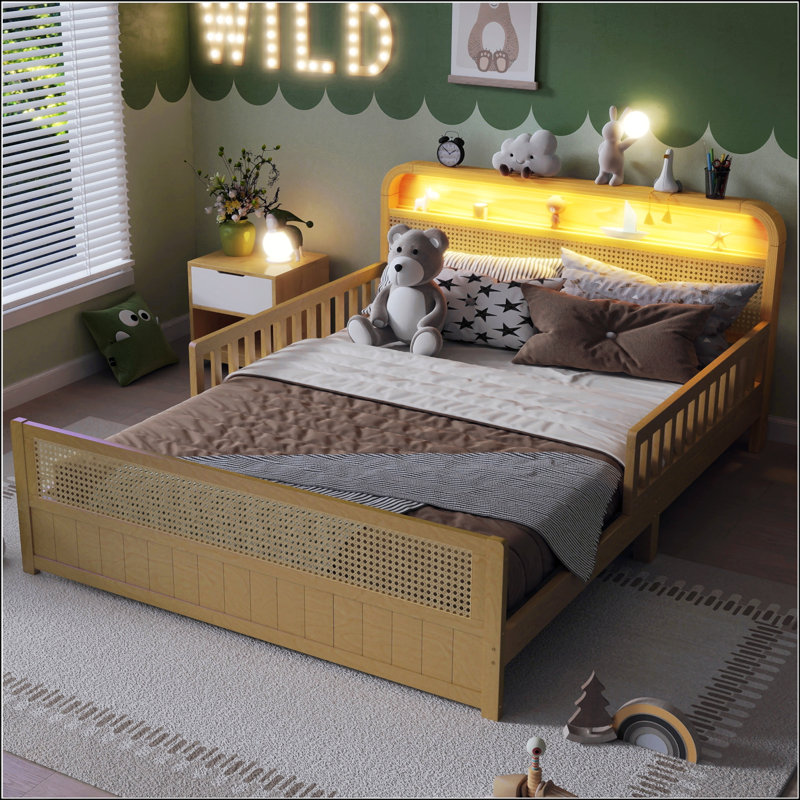 Cadre de lit en rotin avec lumières DEL et tête de lit de rangement, pour chambres d'enfants, Naturel
