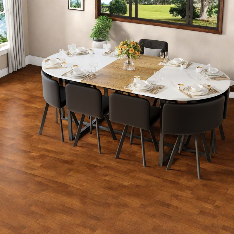 Ensemble de table de salle à manger moderne, conception en bois de marbre blanc, chaises en polyuréthane noir, salle à manger de cuisine pour 8