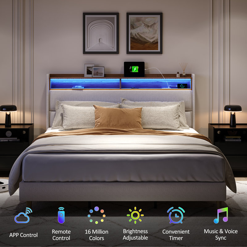 Modern Upholstered Platform Bed with Storage Headboard, Charging Station, RGB LED Lights, Beige, King