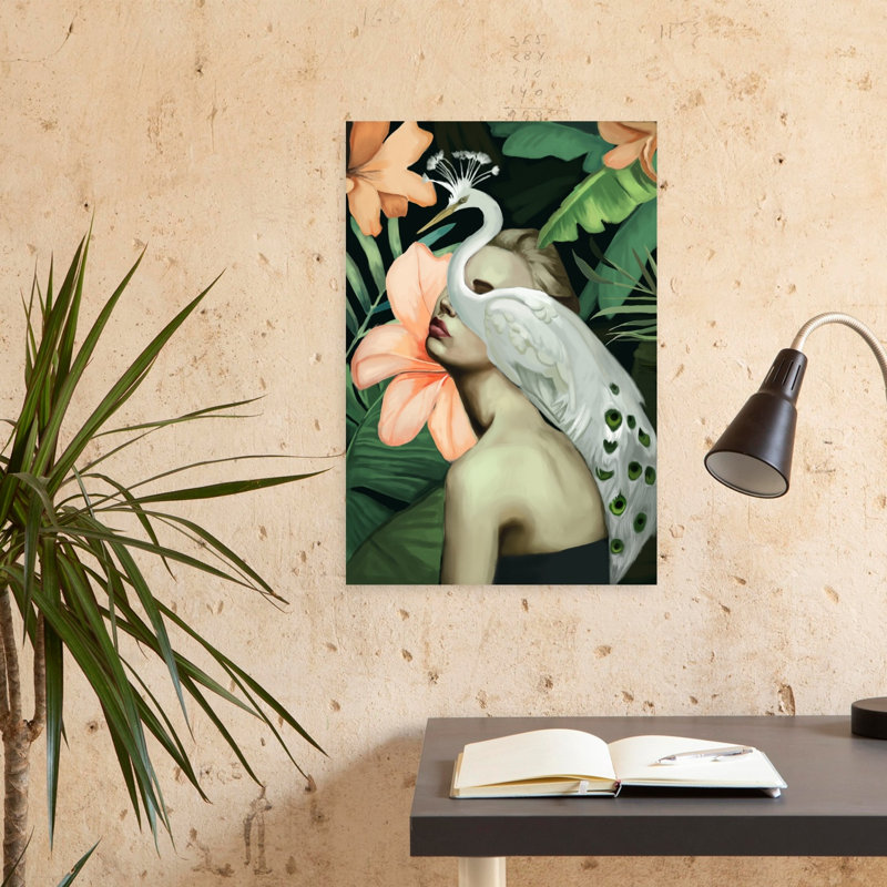«Elegant Bird Woman», art mural élégant et serein, oiseau, H 24 po x l 16 po