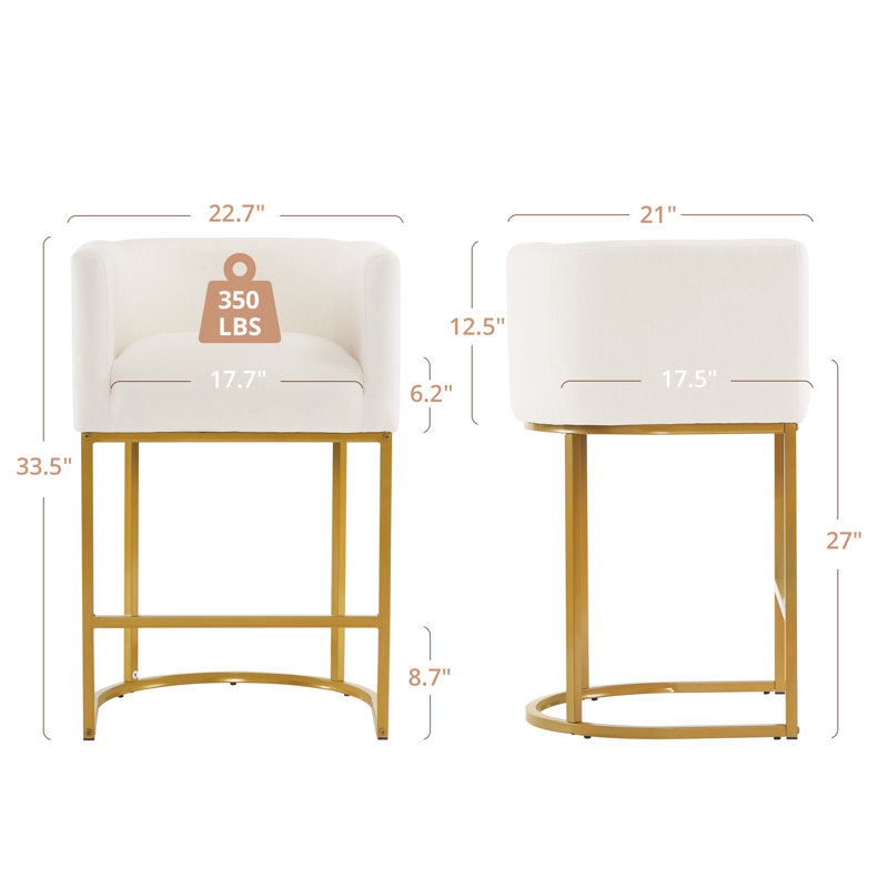 Upholstered Counter Stool, Beige Seat/Gold Frame/Linen