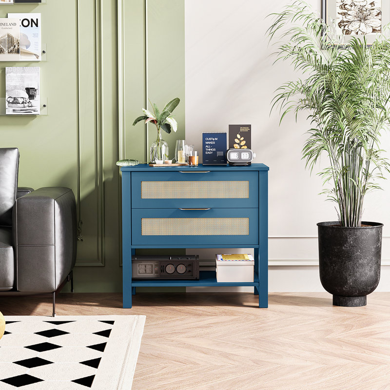 Table de chevet étroite en rotin avec 2 tiroirs et tablette de rangement Boho, Turquoise