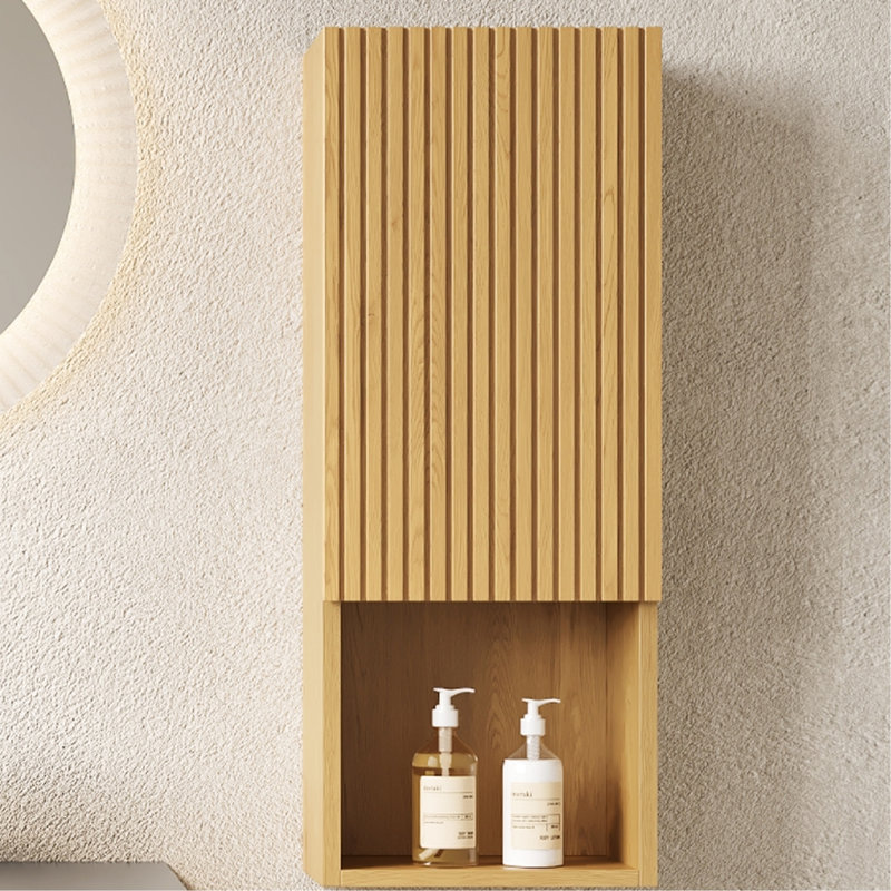 Bathroom Wall Cabinet In Oak - 59" Tall Narrow With Doors And Shelves For Laundry Room Mounted Efficient Storage