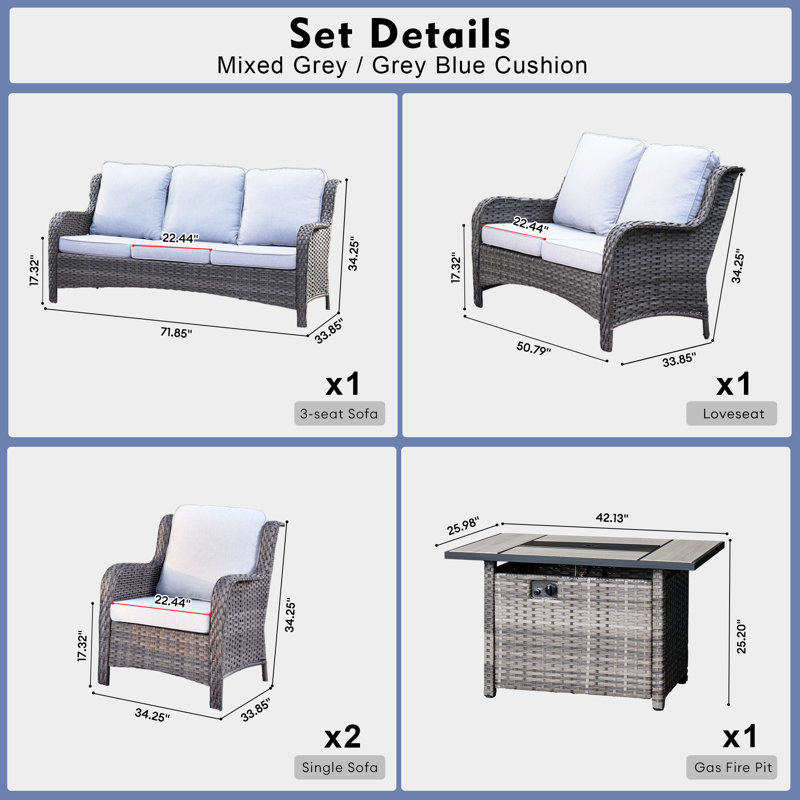 7-Person Outdoor High Back Seating Group With Cushions And Fire Pit,All-Weather Wicker Patio Set, Gray, Gray