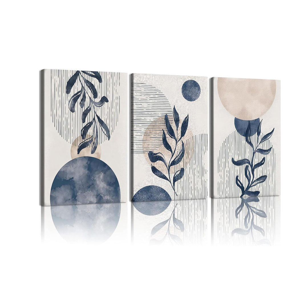 3-Piece Boho Wall Art Navy Blue Botanical Framed Canvas Prints Mid-Century Modern Watercolor Geometric Plant Posters Neutral Abstract Wall Decor 12X16