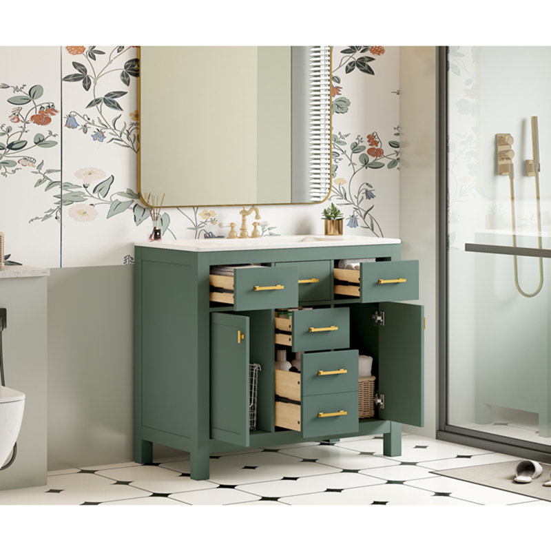 Meuble-lavabo vert 36 po avec lavabo en céramique et 4 + 2 armoires - structure en bois massif et design moderne