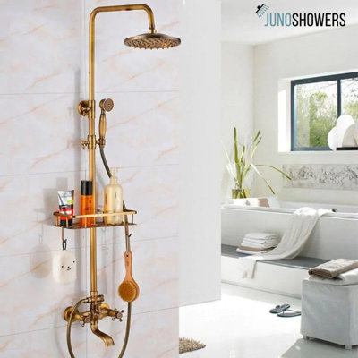 Pomme de douche Juno en laiton poli avec douchette de baignoire et tablette