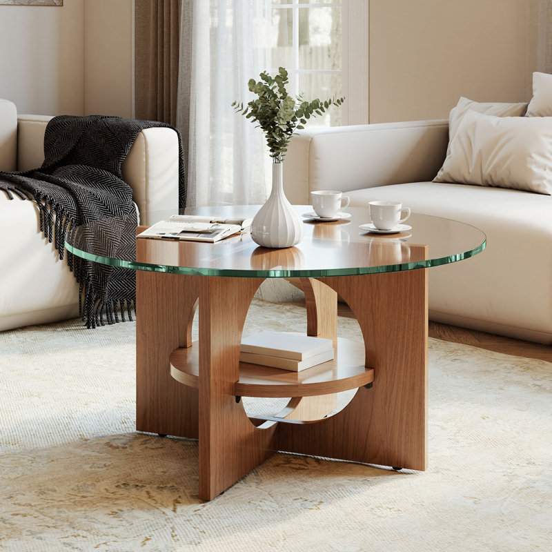 Table basse ronde en verre, Noyer