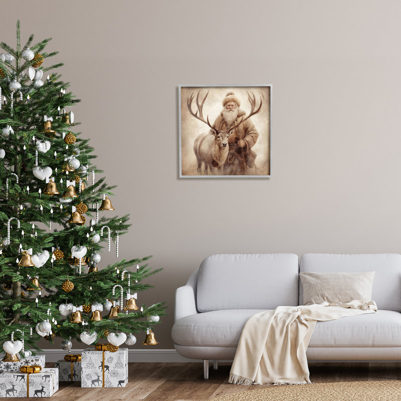 Art traditionnel, estampe numérique du père Noël et du renne gris par Riley B, Estampe numérique Farmhouse