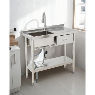 Évier utilitaire autoportant en acier inoxydable 39 po x 14 po x 33 po, évier commercial à une cuve avec tiroirs, établi, tuyaux d'eau chaude et froide pour cuisine et buanderie.