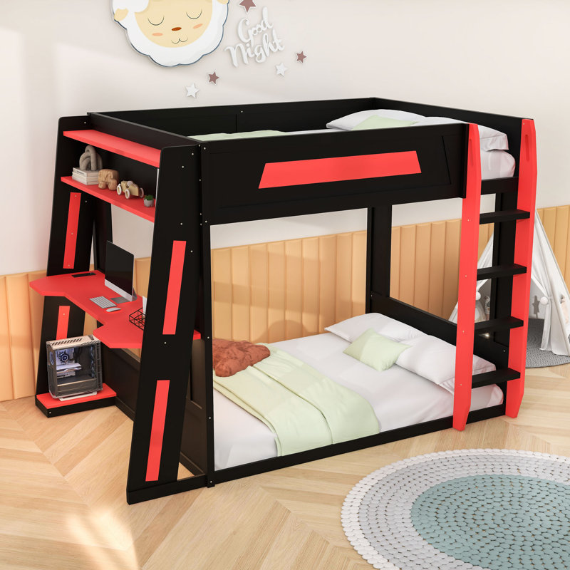 Bunk Bed With Desk, Storage Shelves USB And LED Light, Red, Queen