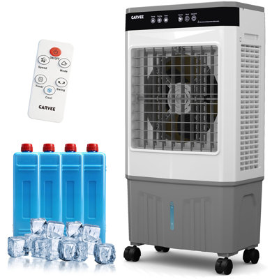 Ventilateur portatif 3000 CFM avec télécommande et minuterie, réservoir d'eau 5,3 gallons, 3 vitesses, oscillation à 120 °, persiennes pivotantes, 3 patins de refroidissement pour la maison, le bureau et le garage