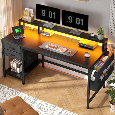 Bureau d'ordinateur avec support pour écran, prise de courant, 2 tiroirs et poche latérale, bureau de jeu avec lumières DEL