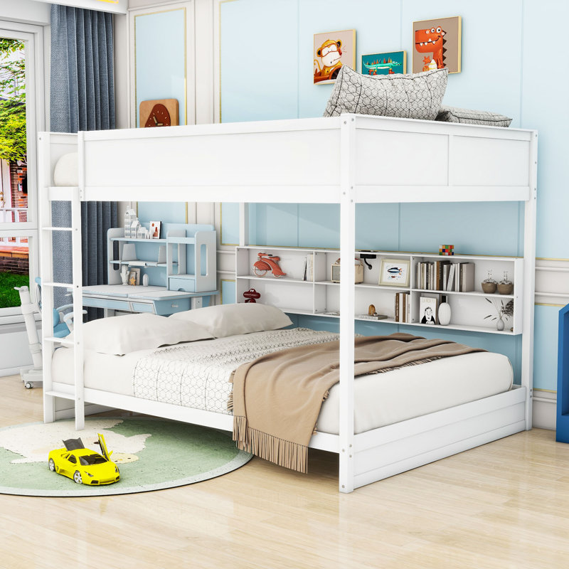 Lit superposé grand en bois avec armoires de rangement et USB, Blanc