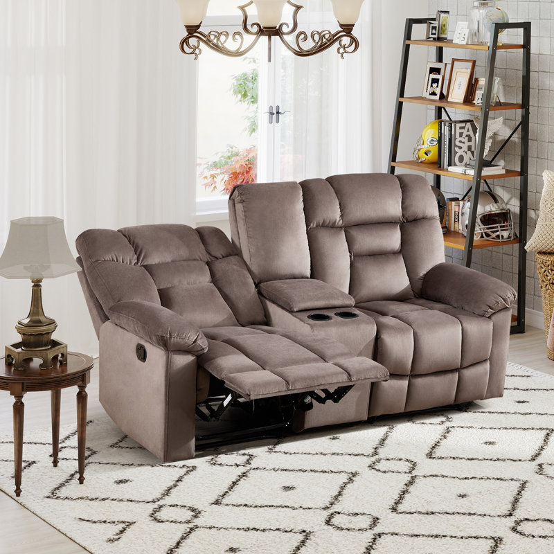 Modern Soft Microfiber Manual Reclining Loveseat Sofa With Center Console & Cup Holders, Mocha Brown