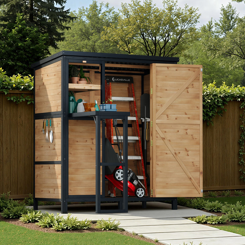 Outdoor Wooden Tool Shed with Locking Door and Interior Shelves, 71.1" H x 59" W x 29.5" D