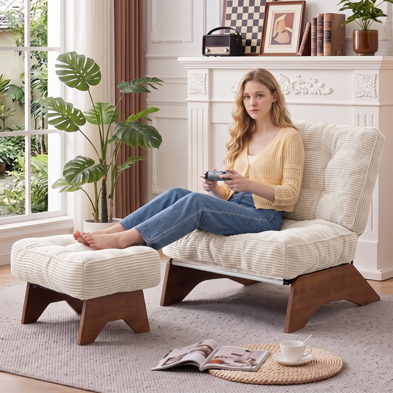 Fauteuil d'appoint en velours côtelé avec repose-pieds, fauteuil de salon pliant avec dossier réglable et repose-pieds, Beige