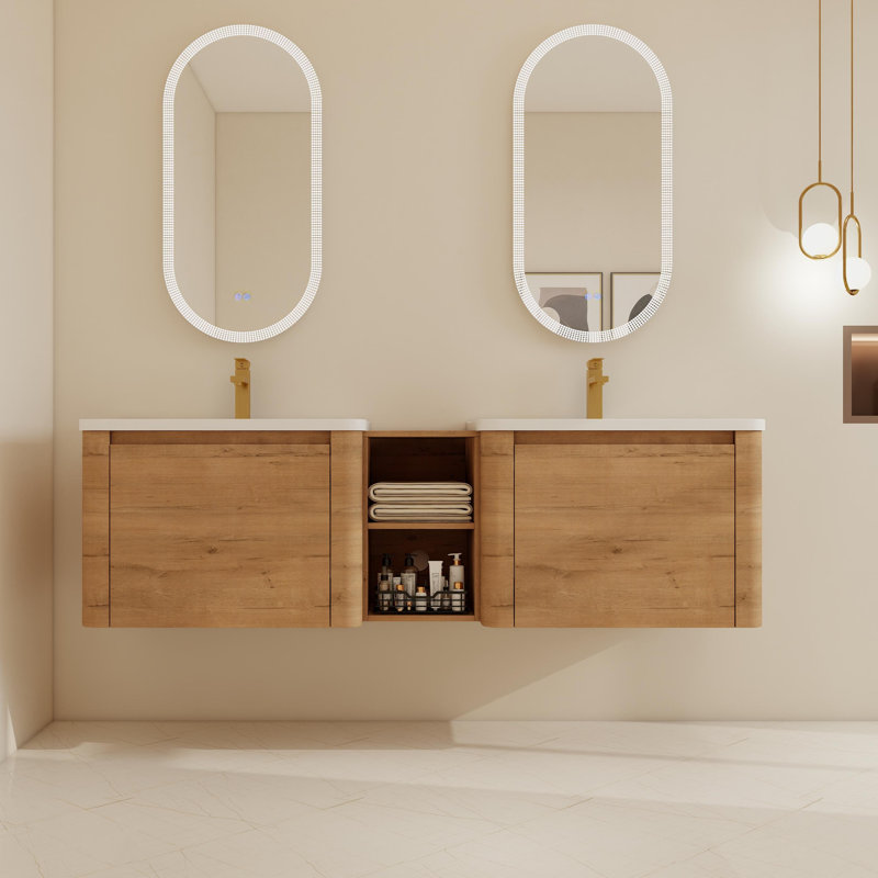 60"/68" Wall-Mounted Double Bathroom Vanity Set With 2 Ceramic Sinks, 68", Imitative Oak