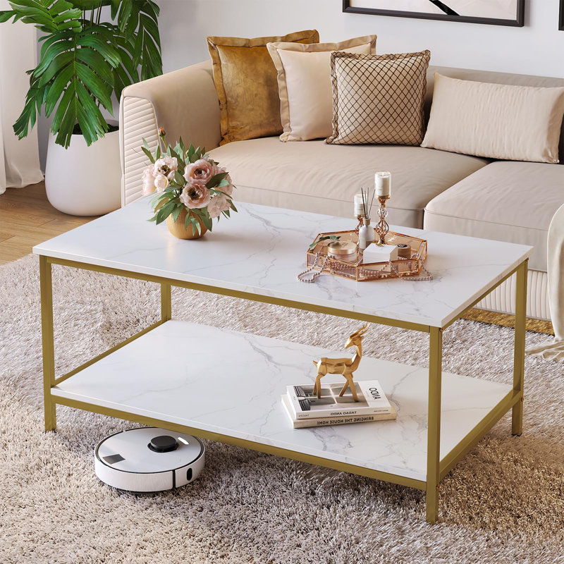 White Marble and Gold Rectangular 2-Tier Coffee Table