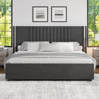 Velvet Upholstered Platform Bed with Channel Tufted Headboard, Chrome Finished Wing Edge, Wooden Slats