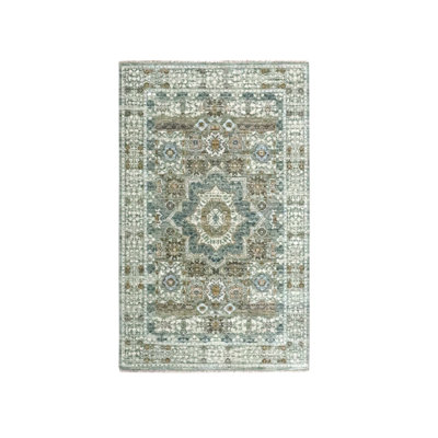 Tapis vert sauge noué à la main 3 pi x 5 pi 1 po vert pré-historique du 14e siècle, motif mamelouk, teintures naturelles, tapis oriental