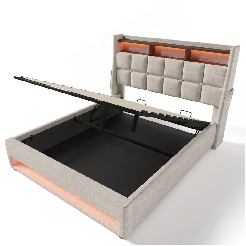 Grand lit plateforme tapissier avec système de rangement hydraulique, charge DEL et USB, naturel (sans matelas), Naturel