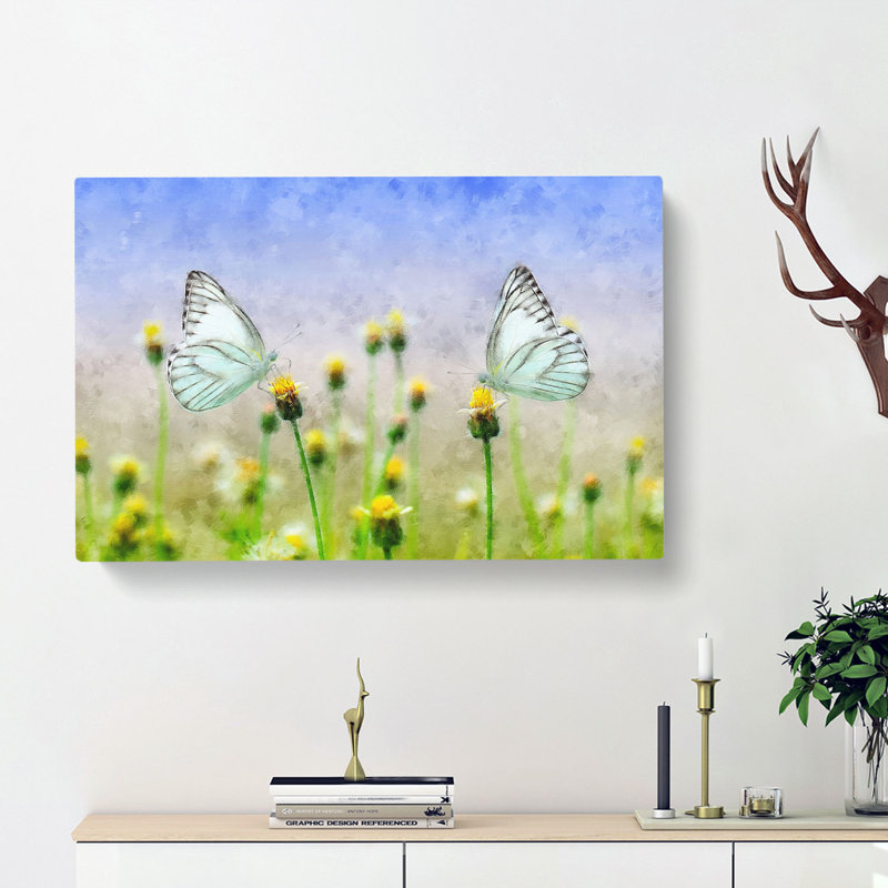 Two Butterflies Upon Yellow Flowers - Wrapped Canvas Painting, 50cm H x 76cm W x 3cm D
