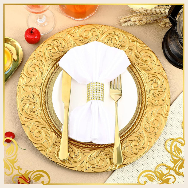 12 Pack 13'' Silver Plastic Embossed Floral Charger Plates for Wedding & Party Table Decor, Gold