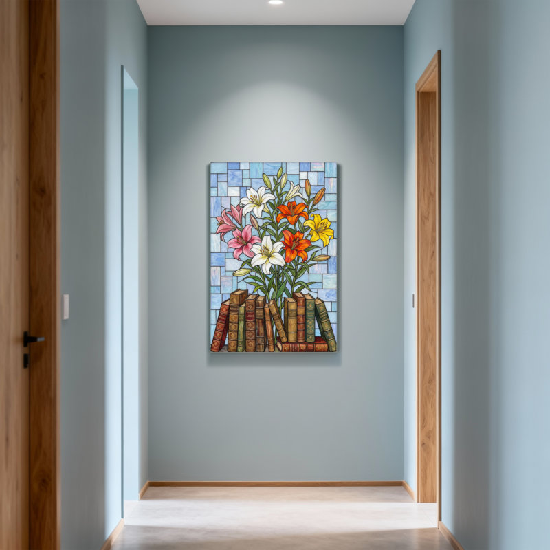 Plantes et fleurs, livres floraux, impression sur toile à motif de vitrail, H 40 po x l 28 po