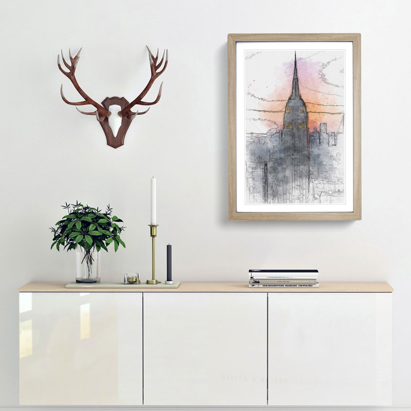 Empire State Building Sunset in Abstract - Picture Frame Graphic Art Print, 48cm H x 36cm W x 2cm D, Oak Framed