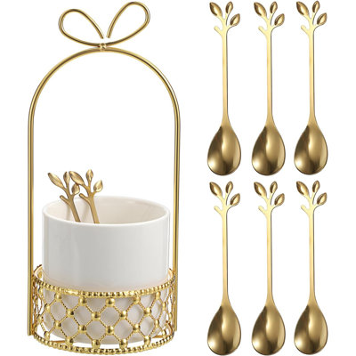Coffee Spoon Set, White Ceramic Holder With 8 Stainless Steel Gold Leaf Coffee Spoons, Creative Flatware Set For Stirring, Mixing, Sugar, Ice Cream, Cake