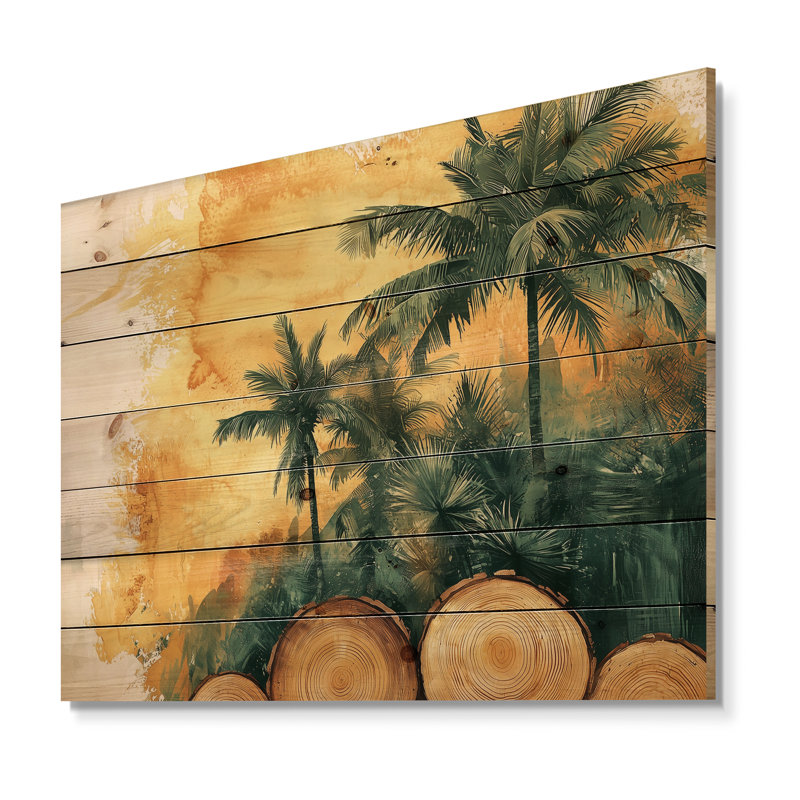 Décoration murale en bois palmiers émeraude sur une forêt tropicale dorée I - palmiers et palmiers