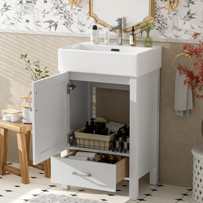 Meuble-lavabo moderne avec lavabo en céramique, structure en bois massif et tiroir pour un rangement efficace dans les petites salles de bain