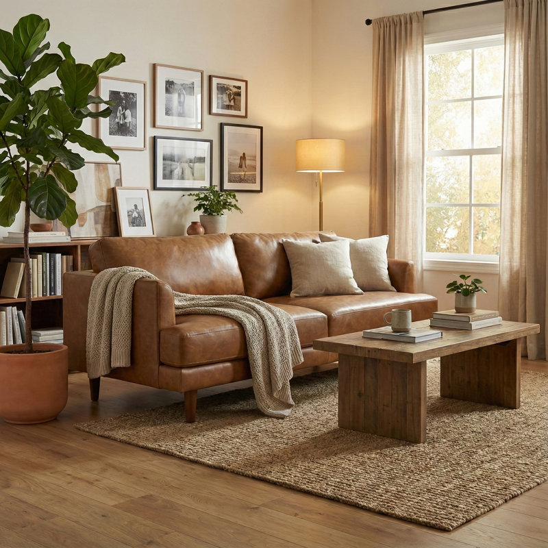 Canapé Mid-Century moderne en cuir véritable Livingston, L 76 po, Brun caramel