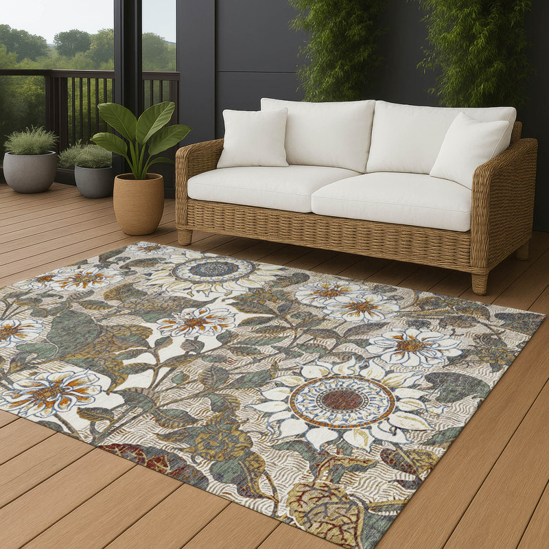 Tapis floral intérieur / extérieur lavable à la machine Chantille ACN2774, Ivoire ivoire, 3 pi x 5 pi