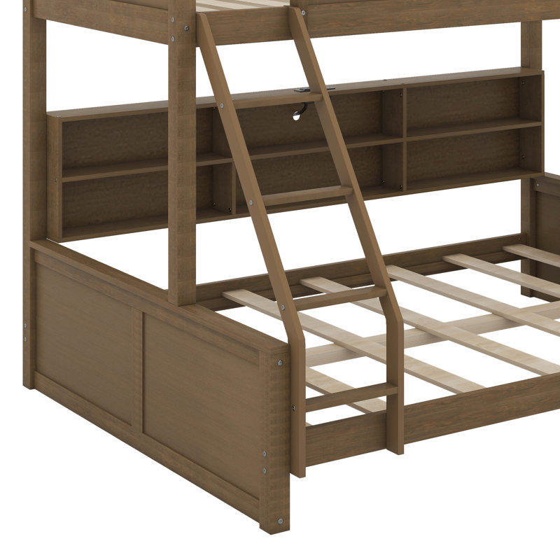Bunk Bed With Storage Cabinets And USB, Antique Wood, Twin XL over Queen