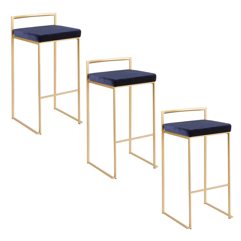 Derik Stackable Counter & Bar Stool with Velvet Cushion, Black/Gold, Bar Stool (30" Seat Height)