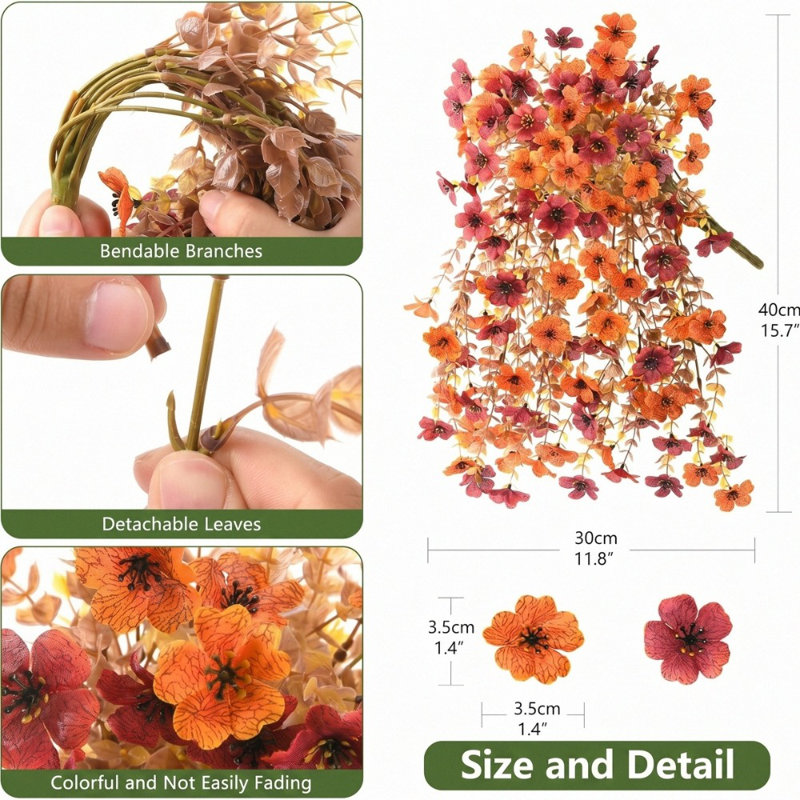 2 pièces de fleurs artificielles oranges et brunes pour l'extérieur, fausses mamans, plantes suspendues, marguerite en soie et eucalyptus