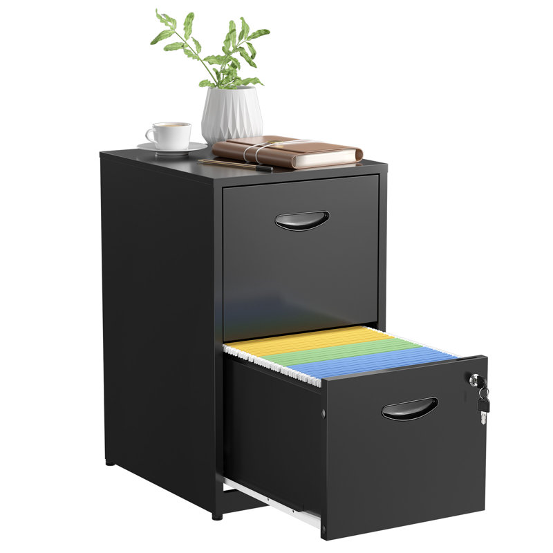 2 Drawer File Cabinet with Lock, Black Filing Cabinets for Home Office, Metal Locking File Cabinet with Two Drawers, Light Duty File Storage Cabinet for Letter Size