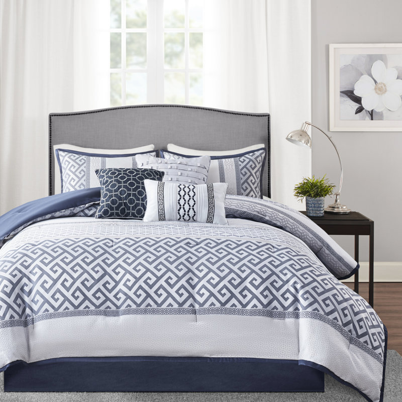 Édredon de luxe - 7 pièces avec jupe de lit en soie synthétique, motifs géométriques traditionnels, Marine