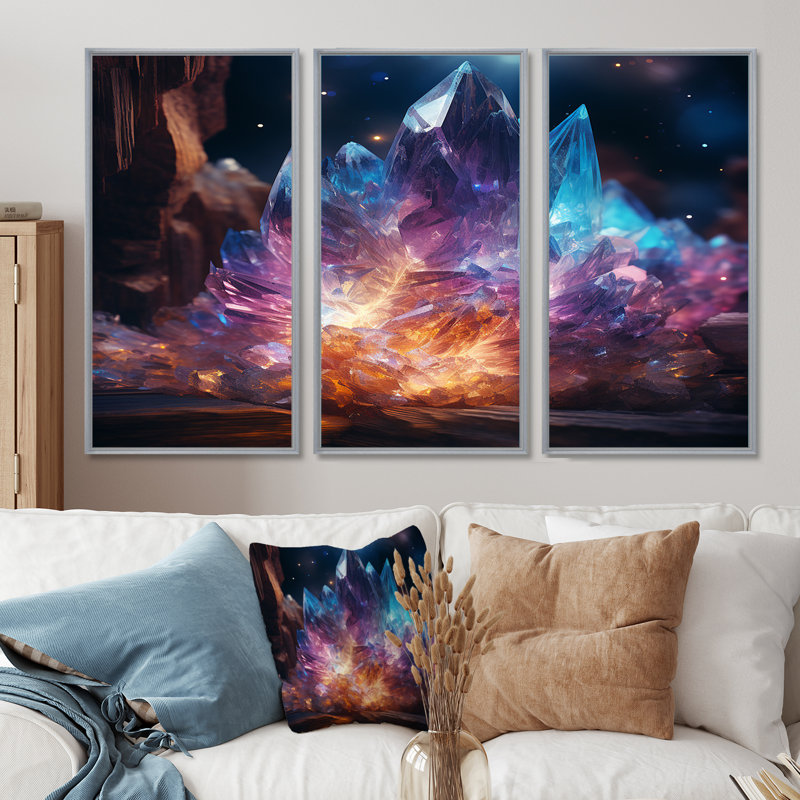 Crystalline Dream Magic - Ensemble de décorations murales géode en pierre, Encadrement argenté, H 40 po x l 60 po x P 1 po