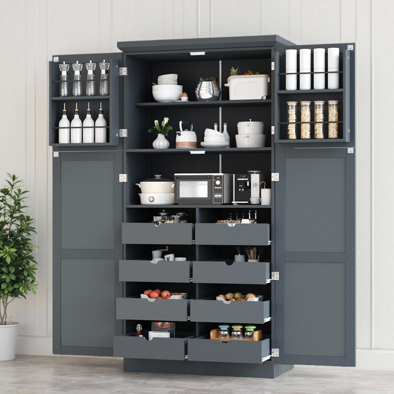 Shaker Style Freestanding Kitchen Pantry Cabinet with 4 Doors & 8 Pull-Out Trays - Storage Cabinet with Anti-Tip Design, Grey