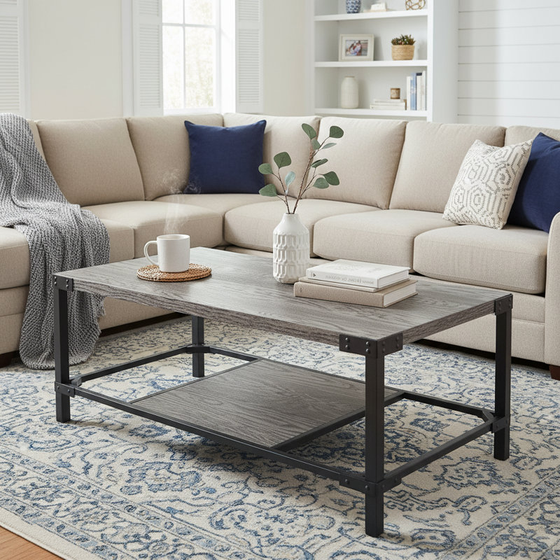 Rustic Rectangular Industrial Coffee Table with Corner Rivet Accents and Storage Shelf, Grey Oak