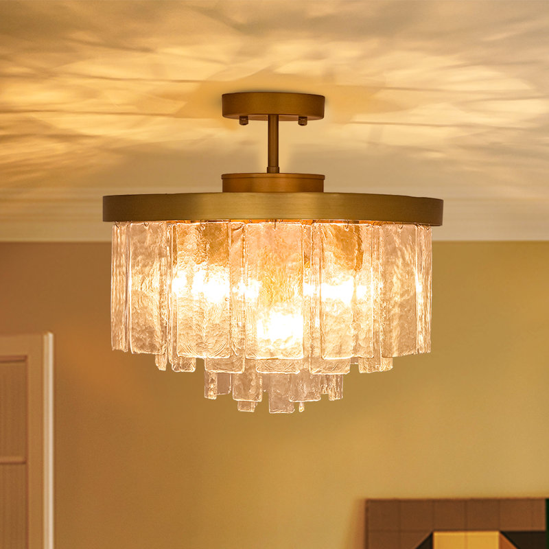 Livingon Tiered Drum Water Glass Ceiling Light, Brass, 13.8" H x 15.7" W x 15.7" D