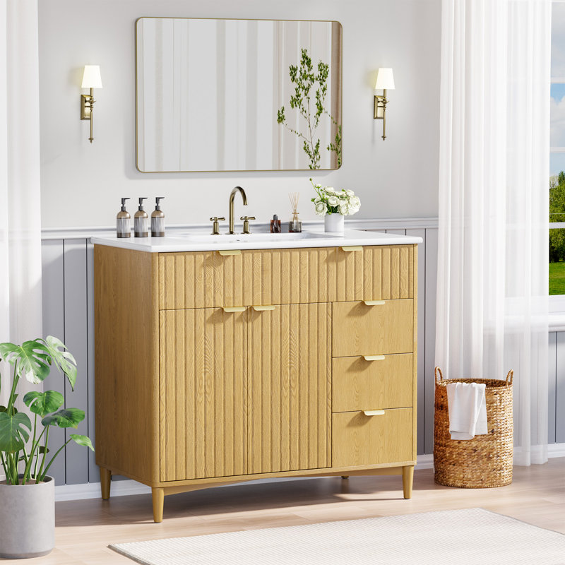  36 Inch Single Bathroom Vanity With Ceramic Sink And , Freestanding Bathroom Vanity With Cabint And Drawers