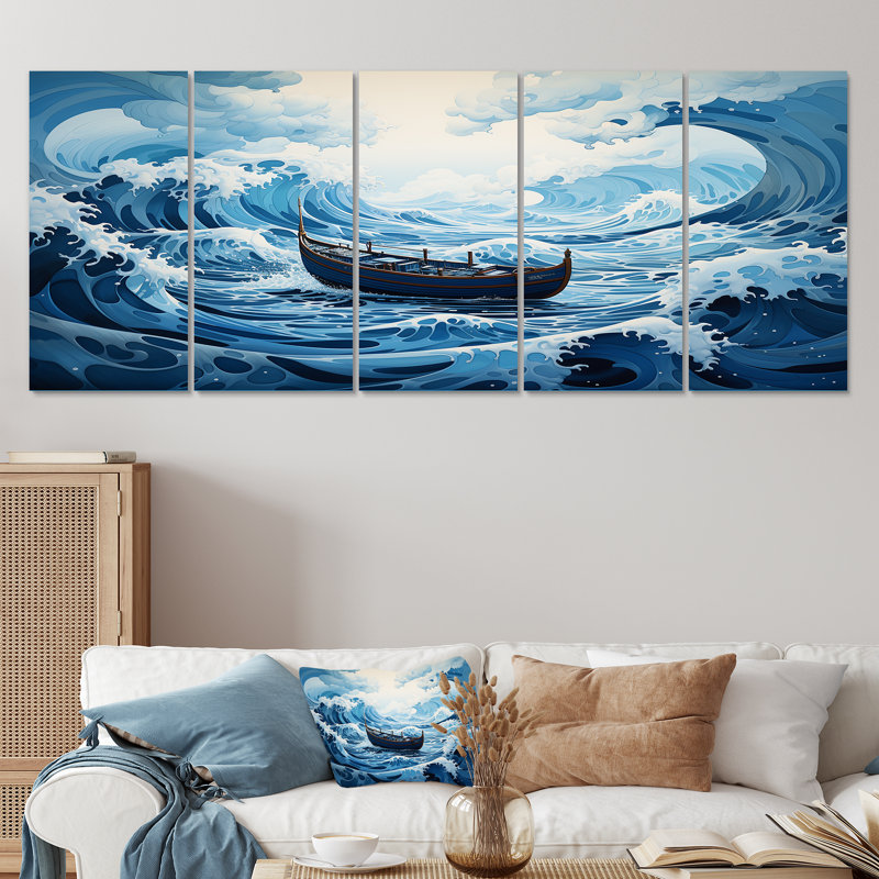 Décoration murale 5 pièces bleu surréel - bateau côtier, H 32 po x l 80 po